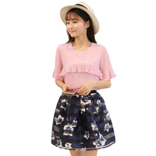 women two piece set ruffles flare sleeve chiffon tops mesh flower print strap splicing sweet pink blue J4U66