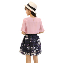 women two piece set ruffles flare sleeve chiffon tops mesh flower print strap splicing sweet pink blue J4U66
