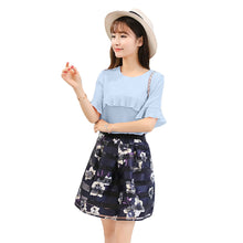women two piece set ruffles flare sleeve chiffon tops mesh flower print strap splicing sweet pink blue J4U66