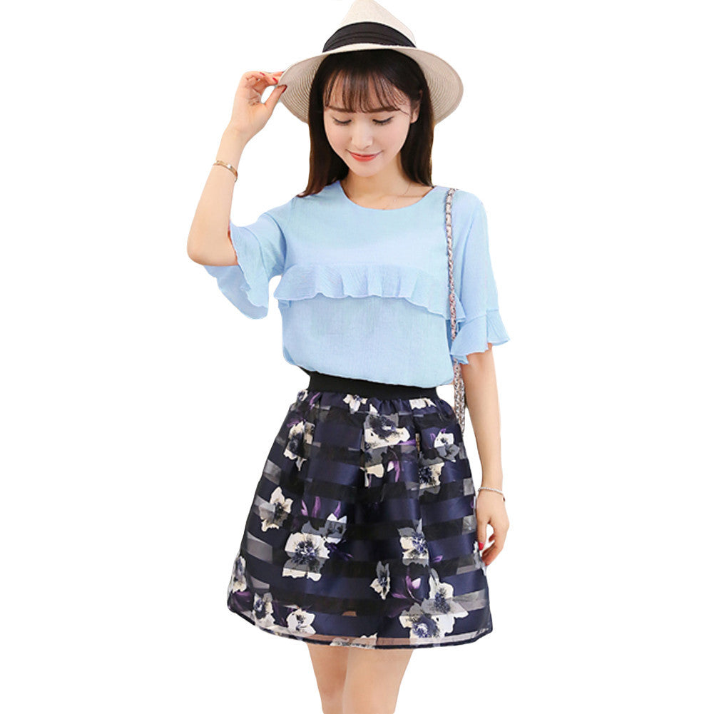 women two piece set ruffles flare sleeve chiffon tops mesh flower print strap splicing sweet pink blue J4U66