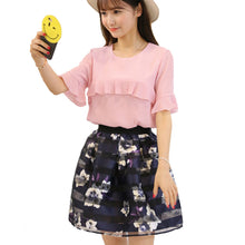 women two piece set ruffles flare sleeve chiffon tops mesh flower print strap splicing sweet pink blue J4U66
