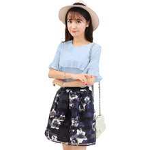 women two piece set ruffles flare sleeve chiffon tops mesh flower print strap splicing sweet pink blue J4U66