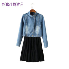 women two piece set suit bleached crop denim jacket coat pleated solid vest tank dress twinset blue J4U66