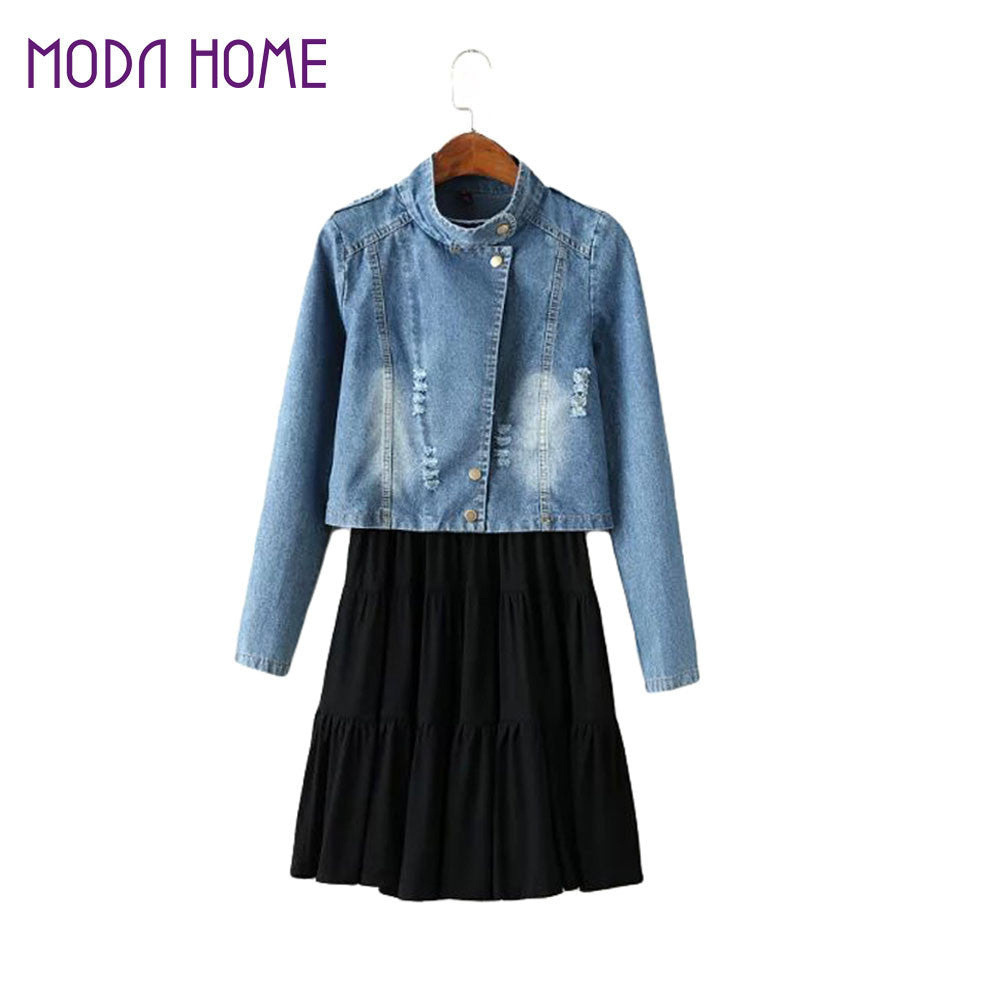 women two piece set suit bleached crop denim jacket coat pleated solid vest tank dress twinset blue J4U66