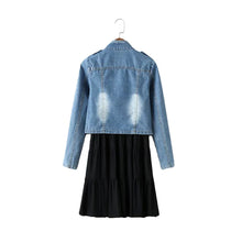 women two piece set suit bleached crop denim jacket coat pleated solid vest tank dress twinset blue J4U66