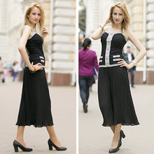 women wide leg pants pleated chiffon elastic waist loose capris flare cropped trousers culottes black J4U66