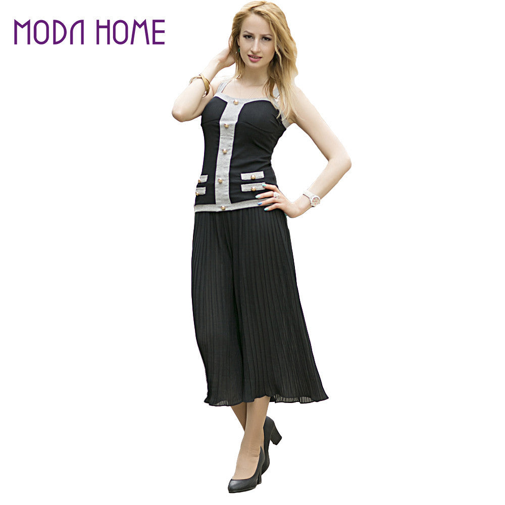 women wide leg pants pleated chiffon elastic waist loose capris flare cropped trousers culottes black J4U66