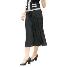 women wide leg pants pleated chiffon elastic waist loose capris flare cropped trousers culottes black J4U66