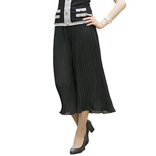 women wide leg pants pleated chiffon elastic waist loose capris flare cropped trousers culottes black J4U66