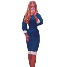 women dress lantern sleeves lace patchwork knee length pencil dress elegant office dress vestidos royal blue J4U66
