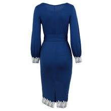 women dress lantern sleeves lace patchwork knee length pencil dress elegant office dress vestidos royal blue J4U66