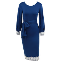 women dress lantern sleeves lace patchwork knee length pencil dress elegant office dress vestidos royal blue J4U66