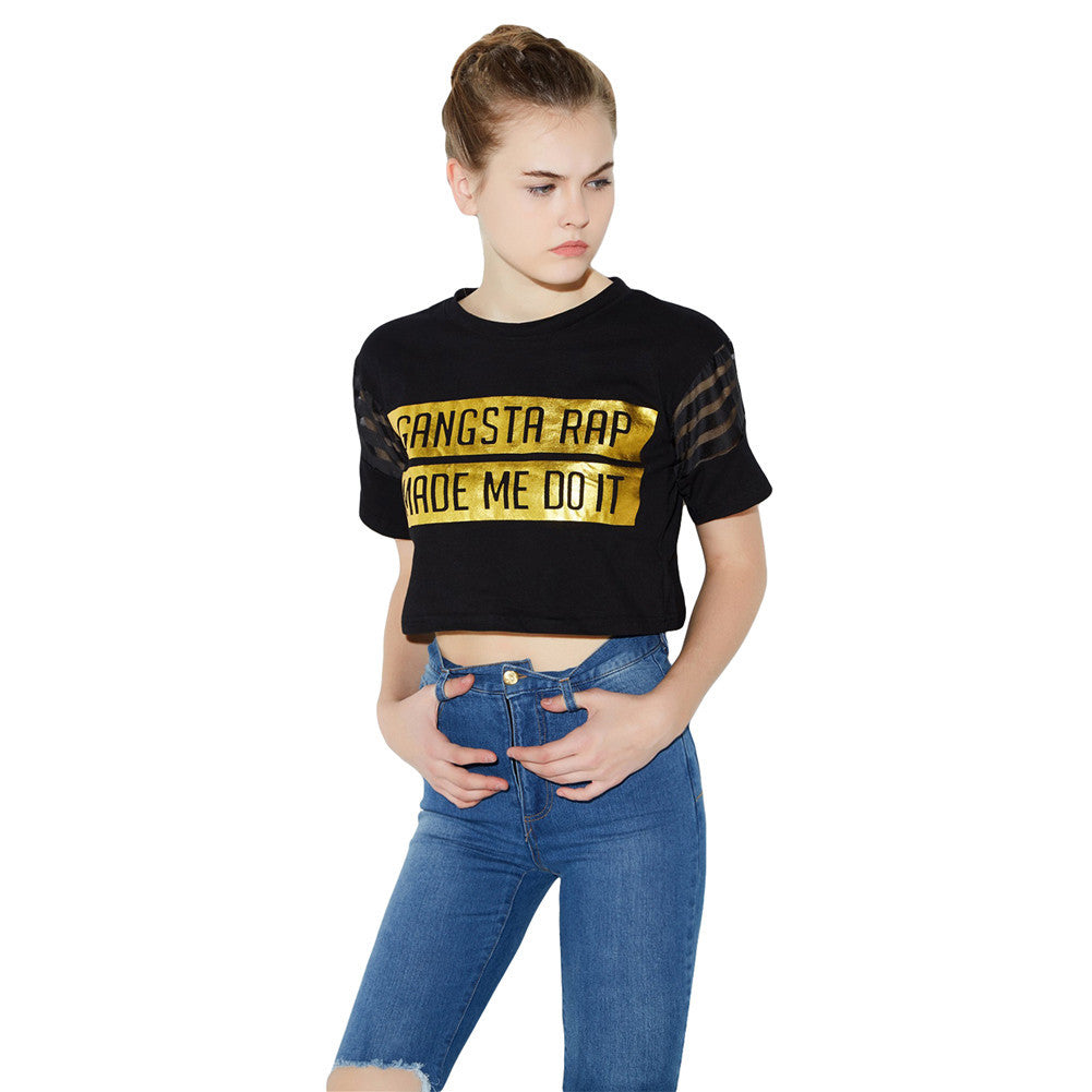 harajuku women crop top round neck letter print short sleeve mesh plus size t-shirts women tops camisetas mujer black J4U66