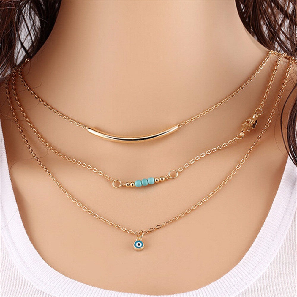 Long Pendant Necklaces Gold Plated Fatima Hand &Evil Eye 3 Layer Chain Necklace multilayer Necklaces J4U66