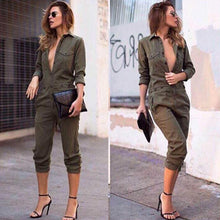 Women's Ladies Army Green Long Sleeves Turn-down Collar Buttons Closure Slim Playsuit Romper Jumpsuits S/M/L/XL J4U66