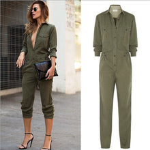Women's Ladies Army Green Long Sleeves Turn-down Collar Buttons Closure Slim Playsuit Romper Jumpsuits S/M/L/XL J4U66