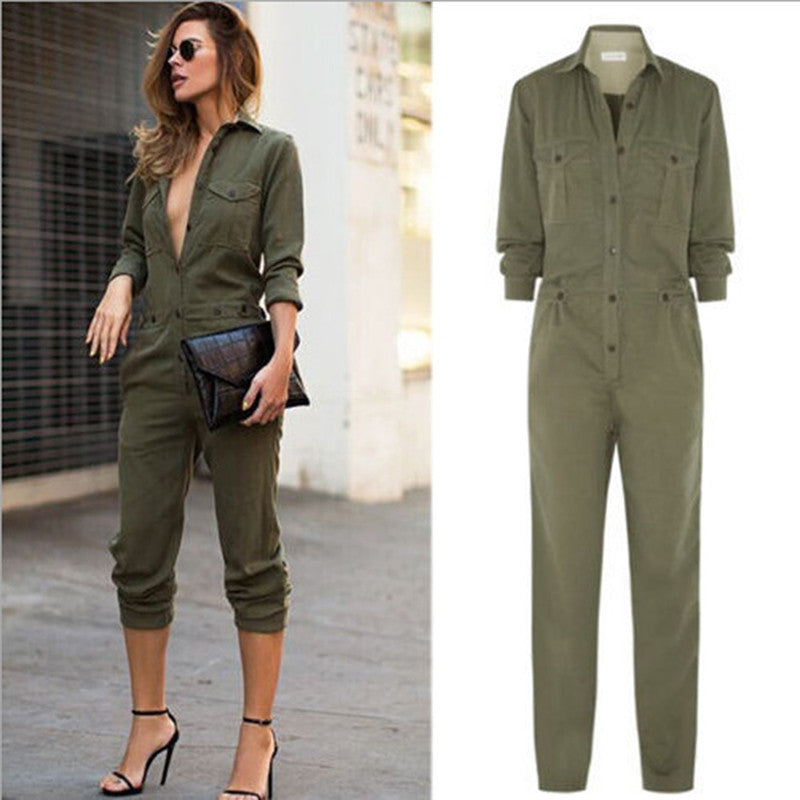 Women's Ladies Army Green Long Sleeves Turn-down Collar Buttons Closure Slim Playsuit Romper Jumpsuits S/M/L/XL J4U66