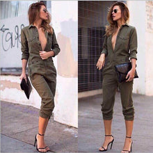 Women's Ladies Army Green Long Sleeves Turn-down Collar Buttons Closure Slim Playsuit Romper Jumpsuits S/M/L/XL J4U66