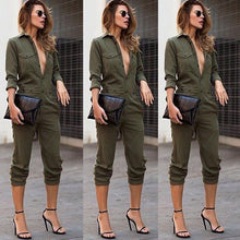 Women's Ladies Army Green Long Sleeves Turn-down Collar Buttons Closure Slim Playsuit Romper Jumpsuits S/M/L/XL J4U66