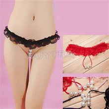Women's Open Crotch Lace Thong with Pearls G String Sexy Beading Panties Massaging Underwear Erotic Lingerie Sex Toy J4U66