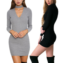 korean women black gray dress sexy mini long sleeve slim fit v neck knitwear dress J4U66
