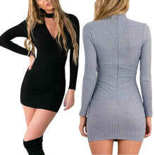 korean women black gray dress sexy mini long sleeve slim fit v neck knitwear dress J4U66