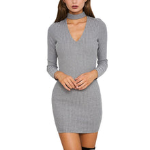 korean women black gray dress sexy mini long sleeve slim fit v neck knitwear dress J4U66