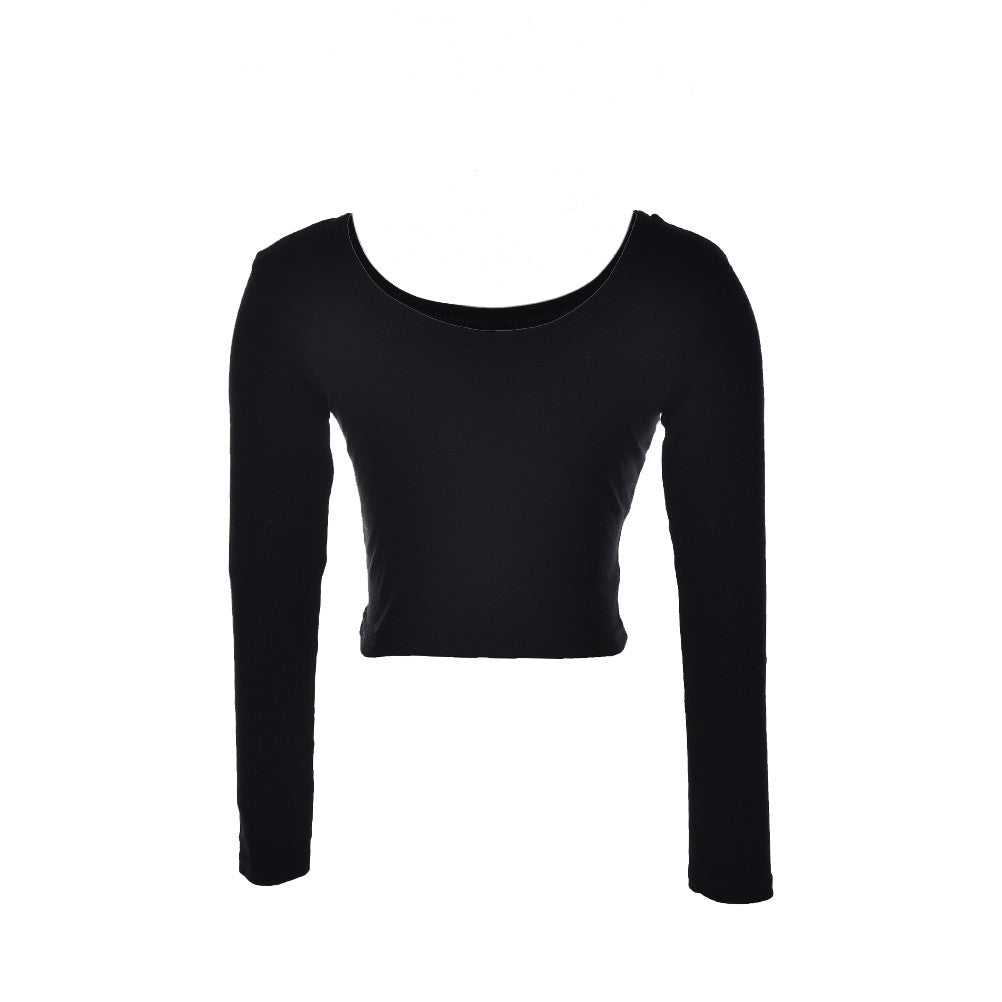 Ladies long Sleeve t shirt women tops Fall Sexy Crop Top Basic Stretch T-shirts Bare-midriff Black Grey White J4U66
