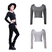 Ladies long Sleeve t shirt women tops Fall Sexy Crop Top Basic Stretch T-shirts Bare-midriff Black Grey White J4U66
