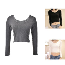 Ladies long Sleeve t shirt women tops Fall Sexy Crop Top Basic Stretch T-shirts Bare-midriff Black Grey White J4U66