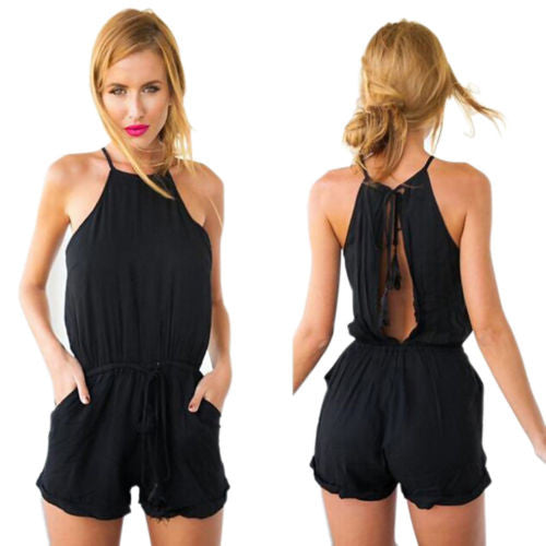 Pocket Playsuit Rompers Women Jumpsuits with Sexy Back Hollow Out Sleeveless Halter Keyhole Jumpsuit for Women J4U66