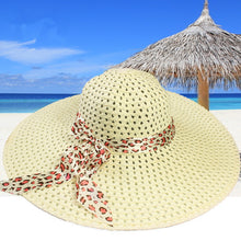 women sun hat straw hat wide large brim beach cap with leopard ribbon orange J4U66
