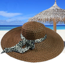 women sun hat straw hat wide large brim beach cap with leopard ribbon orange J4U66