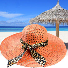 women sun hat straw hat wide large brim beach cap with leopard ribbon orange J4U66