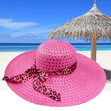women sun hat straw hat wide large brim beach cap with leopard ribbon orange J4U66