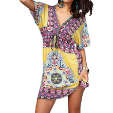 retro women boho dress floral print v neck short sleeve beach dress vintage dress casual party dresses vestidos J4U66