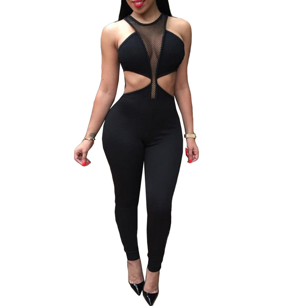 rompers womens jumpsuits sexy mesh cut out sleeveless bodysuit women solid playsuit bodycon jumpsuit overalls clubwear J4U66