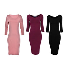 Sexy Casual black winered pink Crew Neck Three Quarter Midi Dress Work Style Women Bodycon Dresses J4U66