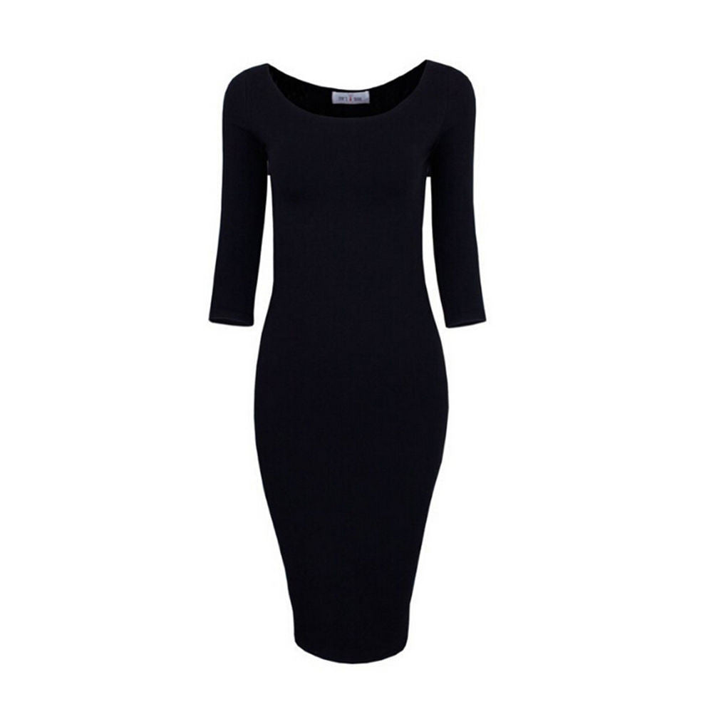 Sexy Casual black winered pink Crew Neck Three Quarter Midi Dress Work Style Women Bodycon Dresses J4U66