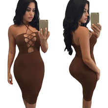 sexy club dress women bodycon dress halter lace up hollow out bandage dress solid party dresses black red brown J4U66