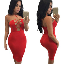 sexy club dress women bodycon dress halter lace up hollow out bandage dress solid party dresses black red brown J4U66