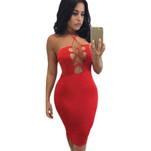 sexy club dress women bodycon dress halter lace up hollow out bandage dress solid party dresses black red brown J4U66