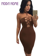 sexy club dress women bodycon dress halter lace up hollow out bandage dress solid party dresses black red brown J4U66