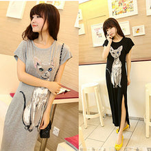 Sexy Long Ankle-Length Empire Dress Style Cotton Maxi Dress Casual Furcal Shirt Dress With Cat Print J4U66