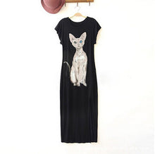 Sexy Long Ankle-Length Empire Dress Style Cotton Maxi Dress Casual Furcal Shirt Dress With Cat Print J4U66