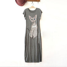Sexy Long Ankle-Length Empire Dress Style Cotton Maxi Dress Casual Furcal Shirt Dress With Cat Print J4U66