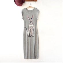 Sexy Long Ankle-Length Empire Dress Style Cotton Maxi Dress Casual Furcal Shirt Dress With Cat Print J4U66