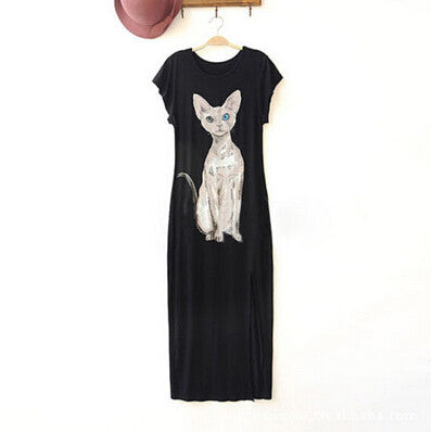Sexy Long Ankle-Length Empire Dress Style Cotton Maxi Dress Casual Furcal Shirt Dress With Cat Print J4U66