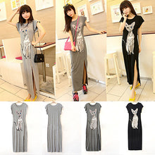 Sexy Long Ankle-Length Empire Dress Style Cotton Maxi Dress Casual Furcal Shirt Dress With Cat Print J4U66