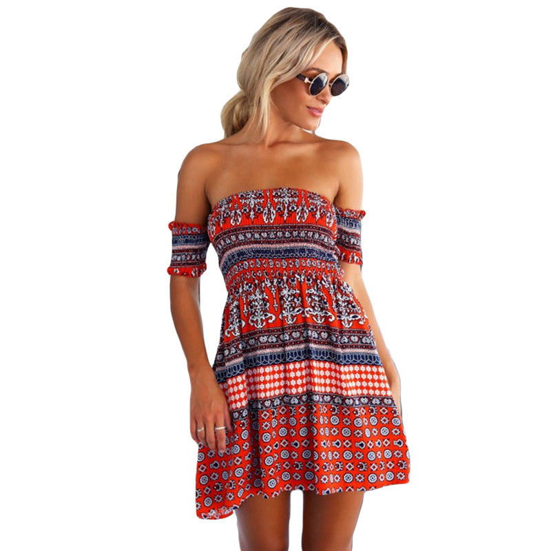 sexy off should bohemian dress elegant print beach casual dresses plus size dress women backless dress vestidos J4U66